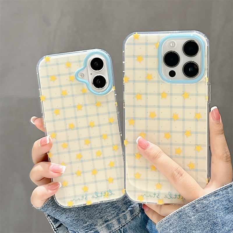 Yellow Phone Accessories - Sarı Yıldızlı Kareli Desenli Telefon Kılıfı